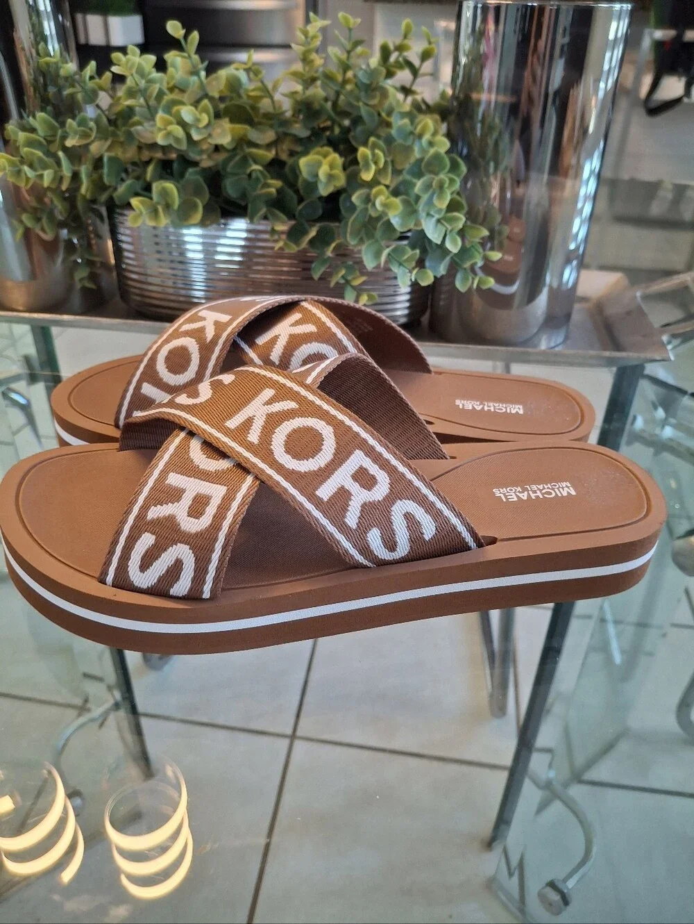 Michael Kors Brown Logo Crisscross Slide Sandals